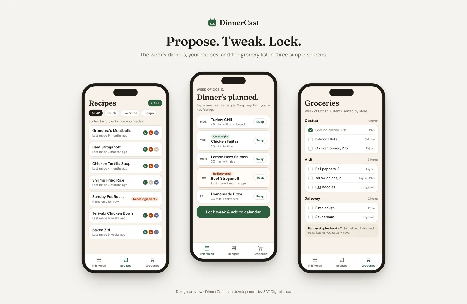 DinnerCast app screens: recipes, the week's planned dinners, and the grocery list