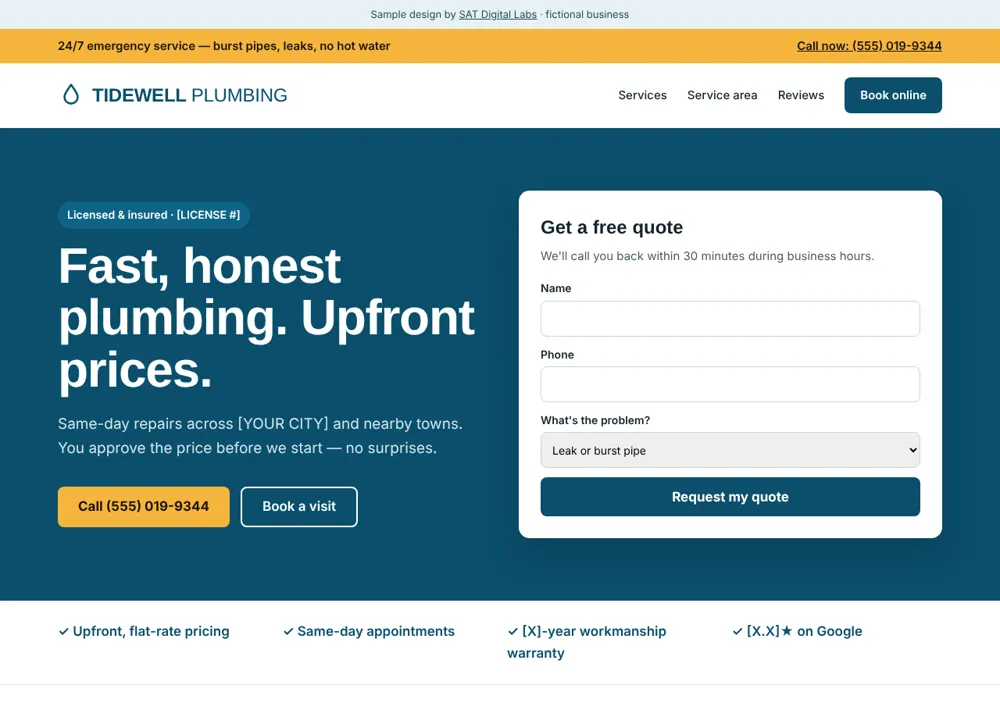 Sample plumbing company homepage in blue and yellow